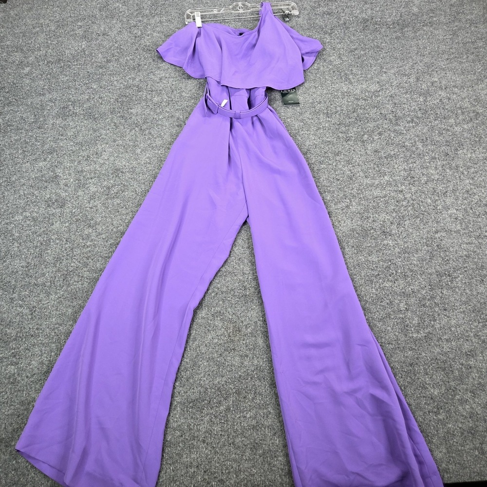 Lauren Ralph Lauren Jumpsuit Womens 12P Purple One Shoulder Ruffle Belted